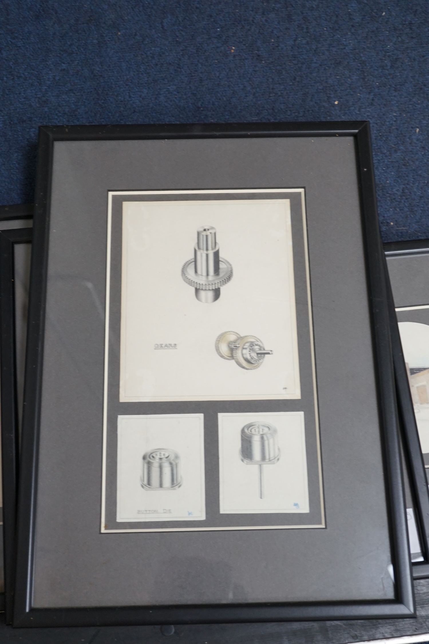 Five watercolour and pencil studies including meticulously observed drawings of electric motors, gears, an accelerometer and a view of a building, possibly designed by Giles Gilbert Scott, 18 x 13.5cm. Condition - fair